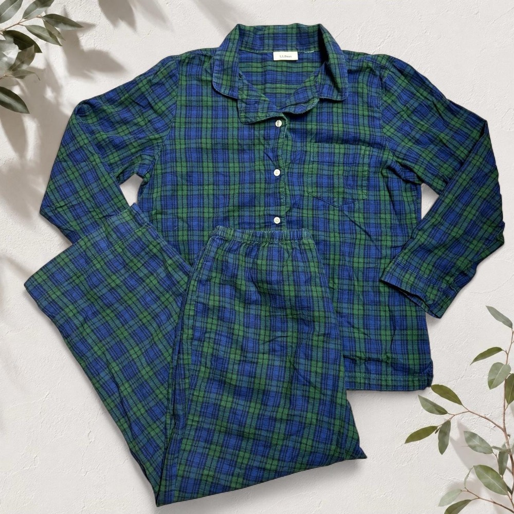 L.L.Bean Blue Green Plaid Flannel Pajama Set Womens Size M Loungewear Cozy